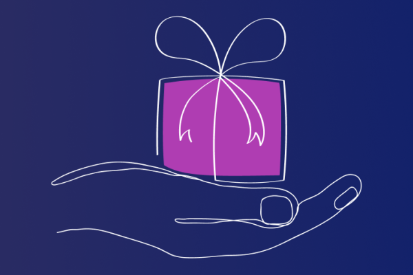 Ilustração com uma mão a segurar um pequeno embrulho roxo