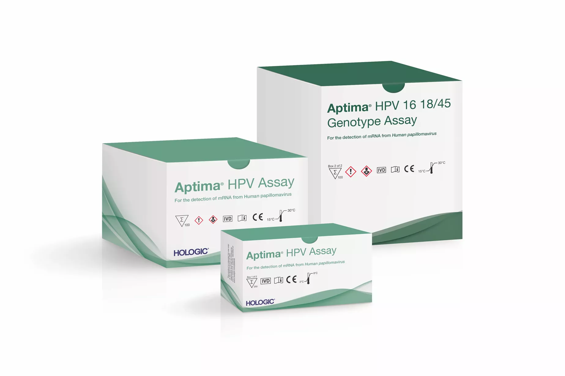 Caixas dos ensaios Aptima HPV em fundo branco
